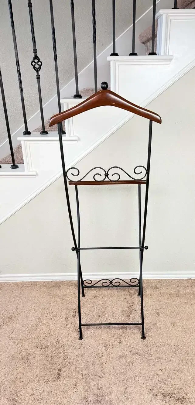 Vintage MCM Folding Butler Valet Stand Wood & Wrought Iron Clothes Rack Hanger